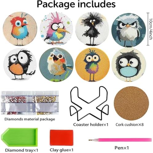 8 Pcs Retro Birds Diamond Art Coasters Kits for Adults with Holder, Cute and Funny Bird Pattern Wooden Diamond Painting Coasters Kits, DIY Diamond Dots Art Painting Coaster Crafts Kit for Home Decor - Image 7