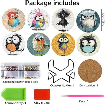 8 Pcs Retro Birds Diamond Art Coasters Kits for Adults with Holder, Cute and Funny Bird Pattern Wooden Diamond Painting Coasters Kits, DIY Diamond Dots Art Painting Coaster Crafts Kit for Home Decor - Image 7