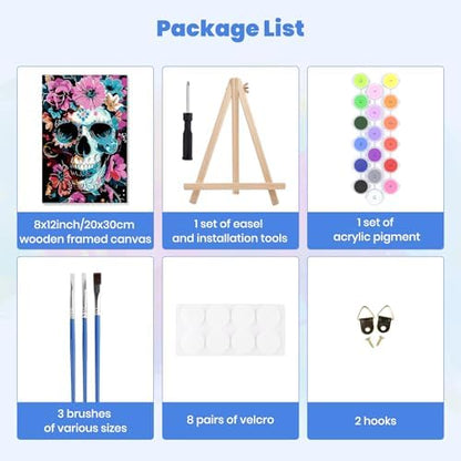 MXJSUA Floral Skull Framed Paint by Numbers for Adults Beginners, Easy Adults' Paint-by-Number Kits on Canvas with Easel, Acrylic Number Painting Crafts Gifts for Home Decor, 8x12 inch - Image 7