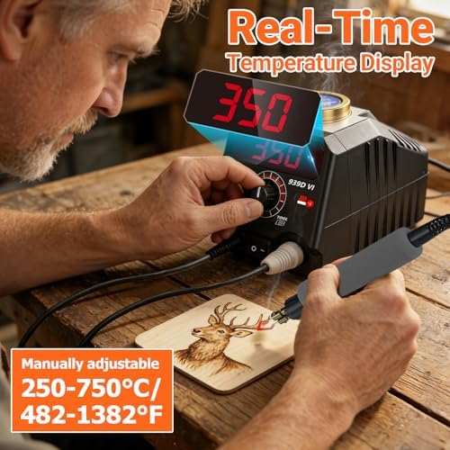 Preciva Wood Burning Kit, Wood Burning Pen 40W Adjustable Temperature 482°F ~ 1382°F, Wood Burning Tool Kit with 20pcs Soldering Tips & Digital Display Heat-Resistant Handle for Wood & Leather Crafts - Image 2