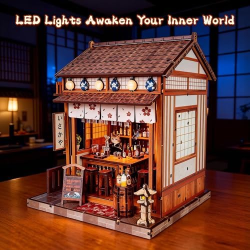 DIY Book Nook Kit for Adults, Japanese Sakura Dollhouse Kit, Miniature House Kit with LED Light, Mini Building Kit, 3D Wooden Puzzles Bookshelf Craft Diorama for Adults Teen Gifts (Japanese Bar) - Image 3