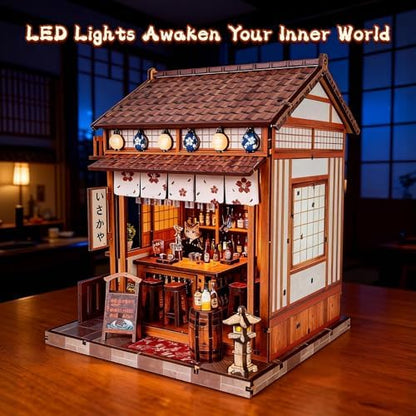 DIY Book Nook Kit for Adults, Japanese Sakura Dollhouse Kit, Miniature House Kit with LED Light, Mini Building Kit, 3D Wooden Puzzles Bookshelf Craft Diorama for Adults Teen Gifts (Japanese Bar) - Image 3