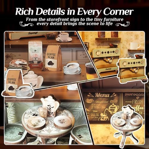 Book Nook Kit, DIY Miniature House Kit for Adults & Teens, Cozy Coffee Shop Scene Bookshelf Insert Decor with LED, 3D Wooden Puzzle Gift for Book Lovers (Coffee Shop) - Image 5