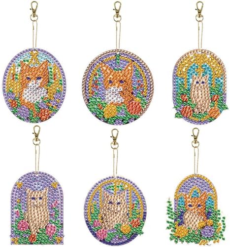 LazyFold 6Pcs Diamond Art Keychain Ornaments Kits for Adults,DIY Animals Cute Kittens Diamond Painting Keychain,Key Ring Art Pendant Tree Decor Gift（Single-Sided） by LazyFold