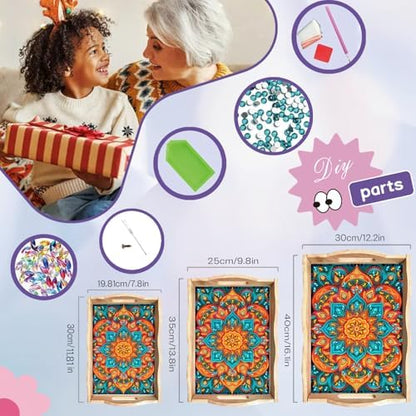 EWJRNSF Diamond Art Kits for Adults Wooden Serving Trays with Handles, 5D Diamond Painting Big Gem Arts and Craft Gifts Trays Decor Gift Home Decor 12.2x16.1 Inches Mandala E - Image 2