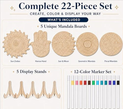 byvood 5 Pack Mandala Painting Set, Wooden Mandala Coloring Set with Markers, DIY Unfinished Wood Cutouts, Paint Your Own Wood Craft for Adults, Home Classroom Table Decor - Image 5