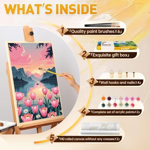 Qaisxoty Paint by Numbers Kits for Adults, 2 Pack Rolled Canvsa Lake Landscape Paint by Numbers KIt for Beginners, DIY Acrylic Painting by Number Kit for Great Gift Home Decor - 12” x 16” - Image 7