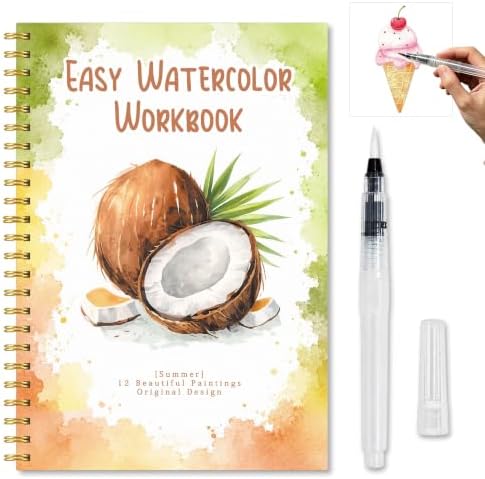 Summer Watercolor Workbook, Water Coloring Book with 12 Different Summer Beach Tropical Plant Coconut Paintings Original Designs, Watercolor Book Set with Water Paintbrush, Relaxing Art for Beginners by Unknown