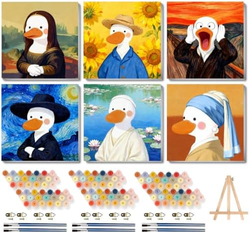 Canrichshop 6P Abstract Paint by Numbers Kit for Adults Framed with Wooden Easel,Easy DIY Cute Duck Oil Painting Kits on Canvas,Acrylic Paint by Number with Frame for Decor 8x8inch by Canrichshop