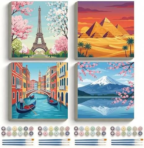 Amphol Framed Paint by Numbers Kit for Adults, Landmarks 4 Pack Paint by Number Kit for Beginners wtih Frame, DIY Landscape Oil Painting Arts on 10”x10” Framed Canvas, Great Home Wall Decor Gift by Amphol
