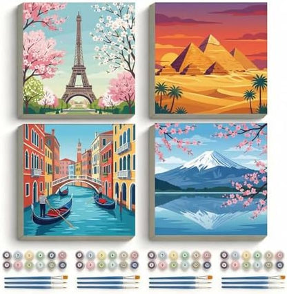 Amphol Framed Paint by Numbers Kit for Adults, Landmarks 4 Pack Paint by Number Kit for Beginners wtih Frame, DIY Landscape Oil Painting Arts on 10”x10” Framed Canvas, Great Home Wall Decor Gift by Amphol