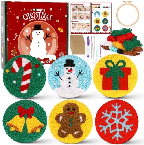 Sukhumvit 6PCS Christmas Punch Needle Coaster Kit, Beginners Punch Needle Set with 6 Tufted Patterns, Yarns, Hoop & Adhesive Pads, Starter DIY Embroidery Coasters Kit for Tufted Crafts Christmas Gifts by Sukhumvit