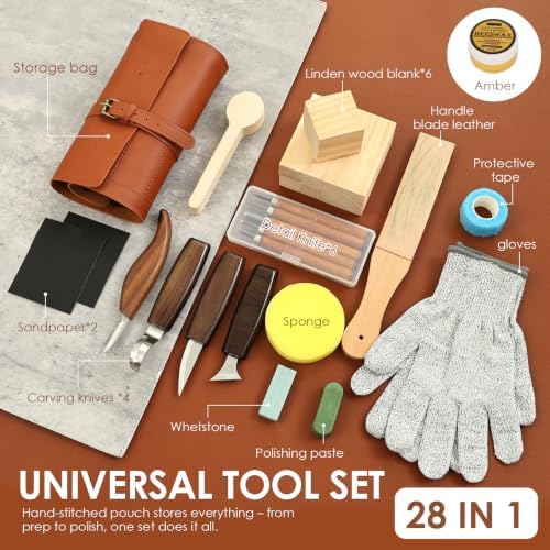 28 Pcs Professional Whittling Chisel Kit, Woodworking Hobby Kit, Ergonomic Carving Starter Set Portable Wood Carving Kit with PU Bag Present for Beginner Adult Kid DIY Fun - Image 3