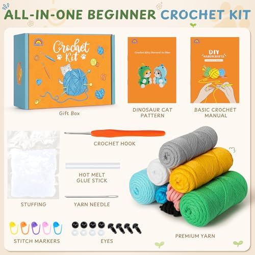 Fortuning's JDS Crochet Kit for Beginners, 2 Pack Dinosaur Cat Crochet Kit - Image 2