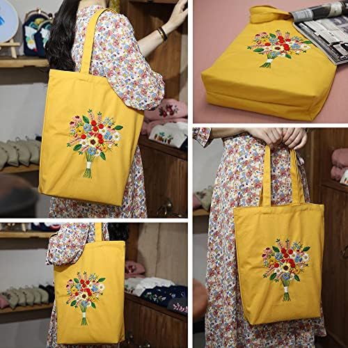 MAMUNU Canvas Tote Bag Embroidery Kit with Pattern for Beginners, Arts and DIY Crafts Kits for Adults, Include Instructions Embroidery Bag, Embroidery Hoops, Color Threads and Tool (Yellow) - Image 3