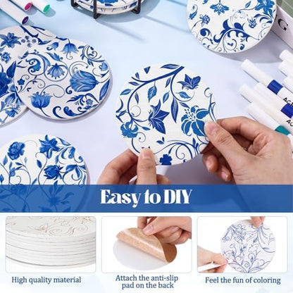 Reallnaive 45 Pcs Blue Flower Wooden Coasters Painting Kit, 4 Inch Paint Your Own Boho Coasters with Markers, Arts and Crafts for Adults Women Seniors Elderly Crafters Gifts - Image 3