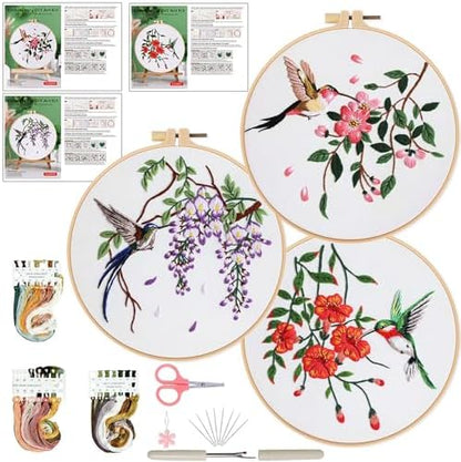Ohcol 3 Sets Hummingbird Embroidery Kit for Beginners Needlepoint Kits for Adults Cross Stitch Kits with Clear Instructions,Easy Funny Stamped Bird Patterns Fabric Hand Crafts by Ohcol