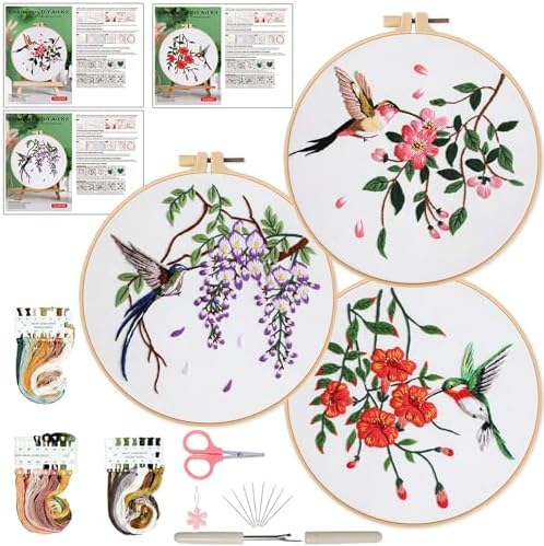 Ohcol 3 Sets Hummingbird Embroidery Kit for Beginners Needlepoint Kits for Adults Cross Stitch Kits with Clear Instructions,Easy Funny Stamped Bird Patterns Fabric Hand Crafts by Ohcol