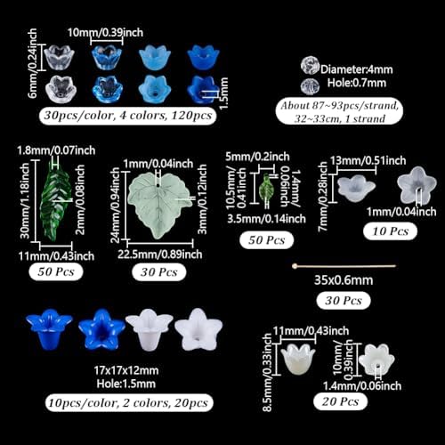 NBEADS 417 Pcs Acrylic Assorted Beads Kit, Tulip Flower Beads Caps Trumpet Flower Leaf Acrylic Pendants Leaf Loose Beads Earring Making Kit with Faceted Glass Beads Brass Ball Pins for Jewelry Making - Image 2