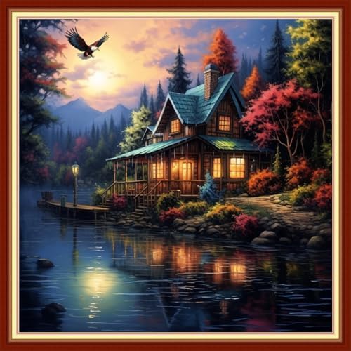 Joyhoor Cross Stitch Kits for Beginners Stamped Cross-Stitch Supplies Needlework preprint Embroidery Kits for Adults DIY Needlepoint Kits Embroidery Patterns 11CT-Night Moon Scenery 18x18 inchs by JoyhoorCrossStitchKits