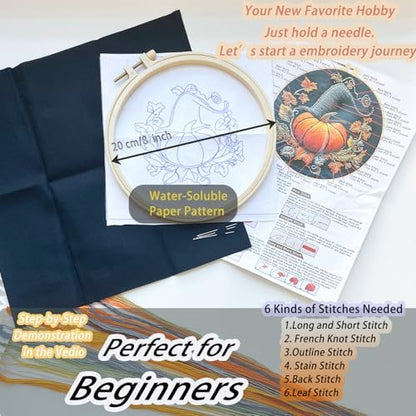 FONNUY Pumpkin Embroidery Kit for Beginners, Pre-Stamped Pattern Kits for Adults with Hoop, Easy to Follow Color Thread Needlework, 8'' Hoop (Witch Hat 3) - Image 6