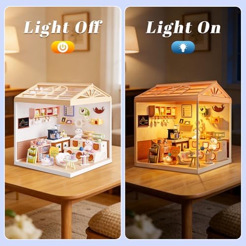 Cat Cafe Miniature House Kit with LED Light, DIY Mini Dollhouse with Roof & Dust Covers for Mini Figures Tiny House Toy for Adults Kids Girls - Image 3