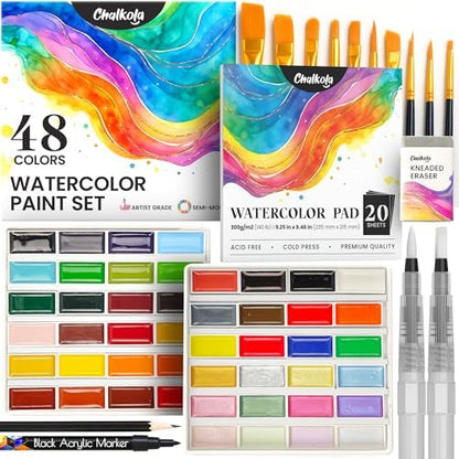 Chalkola 48 Semi Moist Water Colors Paint Adult Set - Professional XL Pans by Chalkola