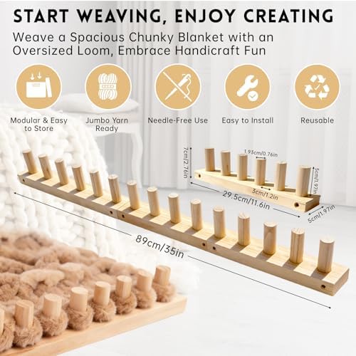 LARIAU Chunky Knitting Blankets Loom, Thick Yarn Knitting Loom for Beginners, 11.6" to 35" Long Wooden Adjustable & Foldable & Portable Design DIY Machine, Birthday Gifts for Knitting Lover - Image 2
