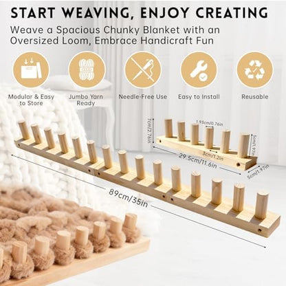 LARIAU Chunky Knitting Blankets Loom, Thick Yarn Knitting Loom for Beginners, 11.6" to 35" Long Wooden Adjustable & Foldable & Portable Design DIY Machine, Birthday Gifts for Knitting Lover - Image 2