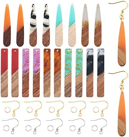 FASHEWELRY 18Pcs Wood Resin Earrings Charms Long Drop & Bar Shape Wooden Earring Blanks Earring Findings for Earrings Jewelry Making Kit with 120Pcs Earring Hooks & Jump Rings by FASHEWELRY