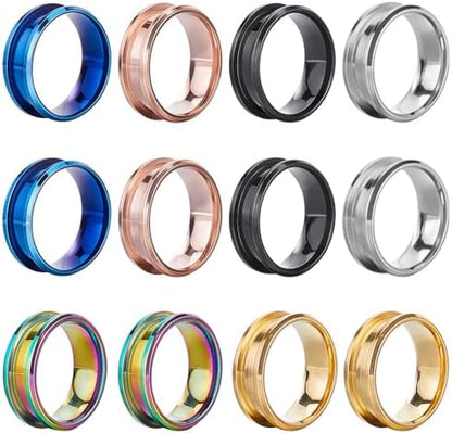 SUNNYCLUE 1 Box 12Pcs Inlay Ring Blanks Stainless Steel Ring Blanks Size 8 Grooved Ring Core Black Blue Rose Gold Round Empty Rings Inlay Ring Base Blanks for Jewelry Making Kits Men Women DIY Craft by SUNNYCLUE