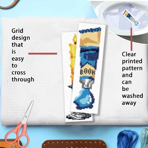 FREEBLOSS 12 Set 11CT Book Theme Cross Stitch Bookmark Kit for Adults Beginners DIY Stamped Cross Stitch Kit Reading & Pen Theme Handmade Gift for Book Lovers, 20x6cm/7.9×2.4" - Image 3
