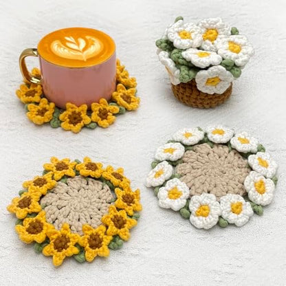 Crochet Kit for Beginners, Learn Crochet Flower Coaster Kit, Include Video Tutorial & Manual, Easy Knitting Yarn for Adult Amigurumi, DIY Holiday Birthday Gift Idea(Sunflower & Daisy) by LOLCROCHET