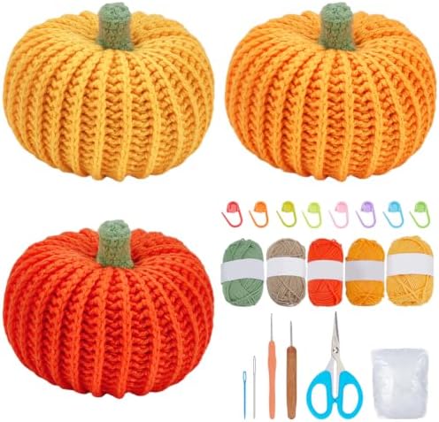 ACRNIGHEET 3 Pack Halloween Pumpkin Crochet Kit for Adults Beginners Fall by ACRNIGHEET