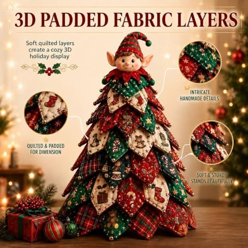 DIY Halloween Christmas Quilted Fabric Tree Kit, 3D Padded Patchwork Sewing Craft Kit for Beginners, Home Office Mantel Shelf Tabletop Decor, Handmade Holiday Gift for Craft Lovers (Christmas #E) - Image 3