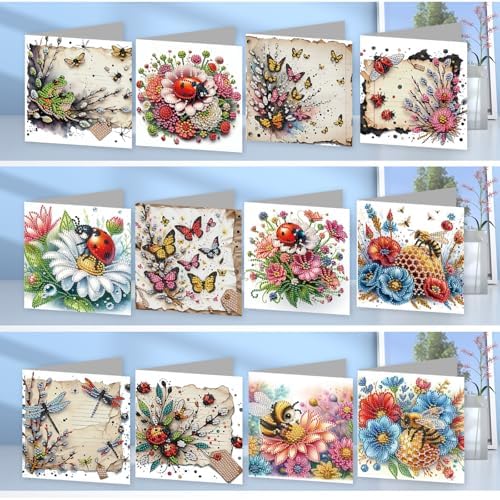 jinglinhh 12pcs Diamond Art Painting Ladybug Bee Butterfly Insect Flower Greeting Cards with Envelopes, DIY Card Making Kits for Adults, Diamond Art Christmas Cards for Holiday Gifts - Image 6