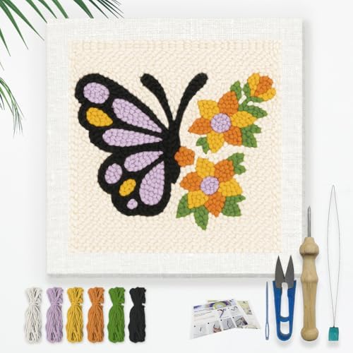 Doodlream Butterflies and Flowers DIY Punch Needle Embroidery Kit for Adult Beginner, 9.4" Punch Stitching Craft Set for Starter with Frame, Fabric Pattern, Threader, Yarn, Pinch Needle by Doodlream