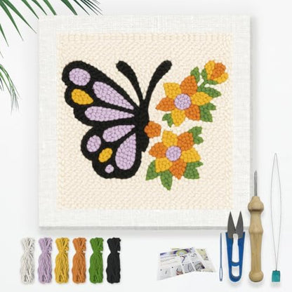 Doodlream Butterflies and Flowers DIY Punch Needle Embroidery Kit for Adult Beginner, 9.4" Punch Stitching Craft Set for Starter with Frame, Fabric Pattern, Threader, Yarn, Pinch Needle by Doodlream