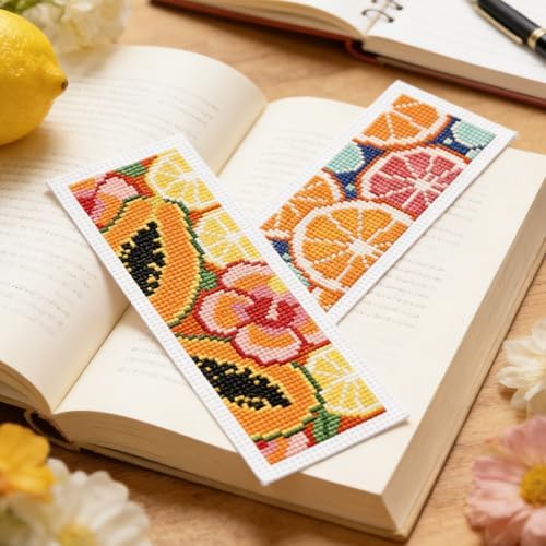 INFUNLY 6Pcs Lemon Cross Stitch Bookmark Kit 3x8.5 Inch/7.6x21.6cm Stamped Embroidery Starter Set with 20 Color Floss Cotton Linen DIY Needlepoint Bookmark for Book Lovers Gift, Colorful - Image 5