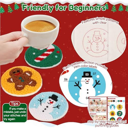 Sukhumvit 6PCS Christmas Punch Needle Coaster Kit, Beginners Punch Needle Set with 6 Tufted Patterns, Yarns, Hoop & Adhesive Pads, Starter DIY Embroidery Coasters Kit for Tufted Crafts Christmas Gifts - Image 3