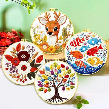 Zhenqing 4 Pack Nature Stamped Cross Stitch Kit for Adults and Beginners, 11CT Printed Fabric Deer Tree Fish Flower Patterns with Hoop, Threads, Needles, Scissors, Threader, Guide - Image 2