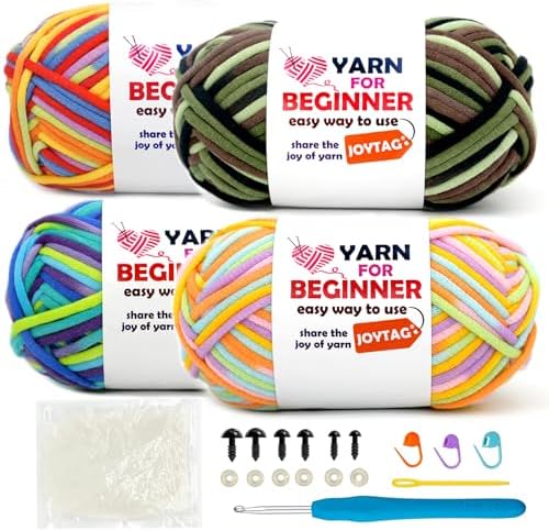 4 Pack Rainbow Beginner Crochet Yarn for Crocheting Knitting Multicolor Cotton-Nylon Blend Easy Yarn for Beginners with Easy-to-See Stitches (Rainbow Mixed 05) by JOYTAG