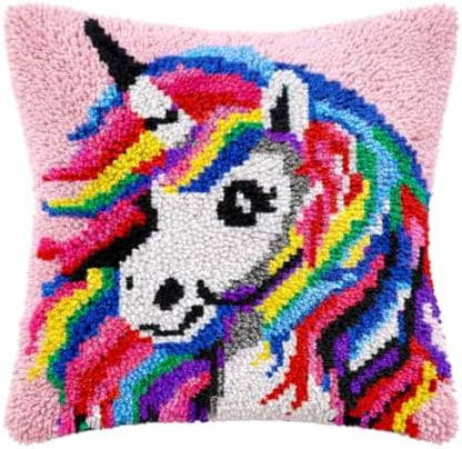 Fantasy Unicorn Latch Hook Kits for Adults Kids, Beginners DIY Throw Pillow Kit Pre-printed Pillowcase Hook and Latch Rug Kits Cross-stitch Cushion Cover for Home Sofa Decor Gift Idea 17x17 inch by VEIROUSA