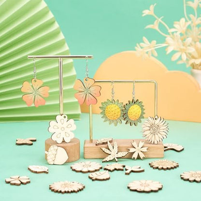 90Pcs Unfinished Wooden Earring Charms Unfinished Wood Cutouts Flower Mushroom Leaf Wood Pieces Wooden Earring Blanks for Painting Crafts Hainging Ornament Home Dercoration - Image 3