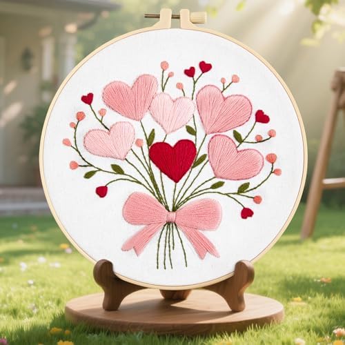 Heart Flower Embroidery Kits for Beginners Adults, Pink Embroidery Starter Kits, Counted Cross Stitch Kits for Adults Anniversary Valentine's Day Gift, Embroidery Hoops, Fabric Thread & Video Tutorial - Image 7