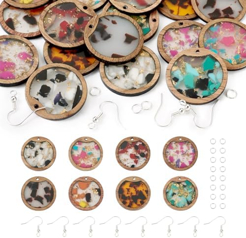 56Pcs Flat Round Resin Wooden Charm Earring Kit with Walnut Wood Statement Dangle Pendants Earring Hooks Jump Rings for Women DIY Crafts Jewelry Making Decoration by BoutigemJewelry