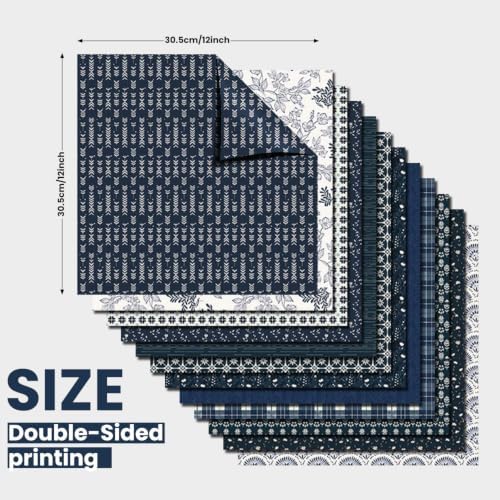 Gingham Scrapbook Paper 12x12 Blue,24 Sheets Double-Sided Boho Blue Floral Pattern CardStock Paper Pad Boho Tone Decorative Craft Papers for Holiday Cardmaking DIY Collage Papers. - Image 2