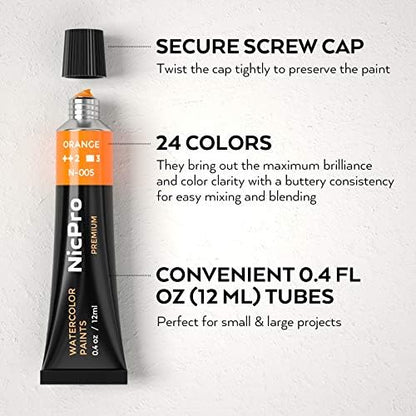 Nicpro 24 Colors Watercolor Paint Set (12ml/0.4oz Tube) for Adults, Artist - Image 4
