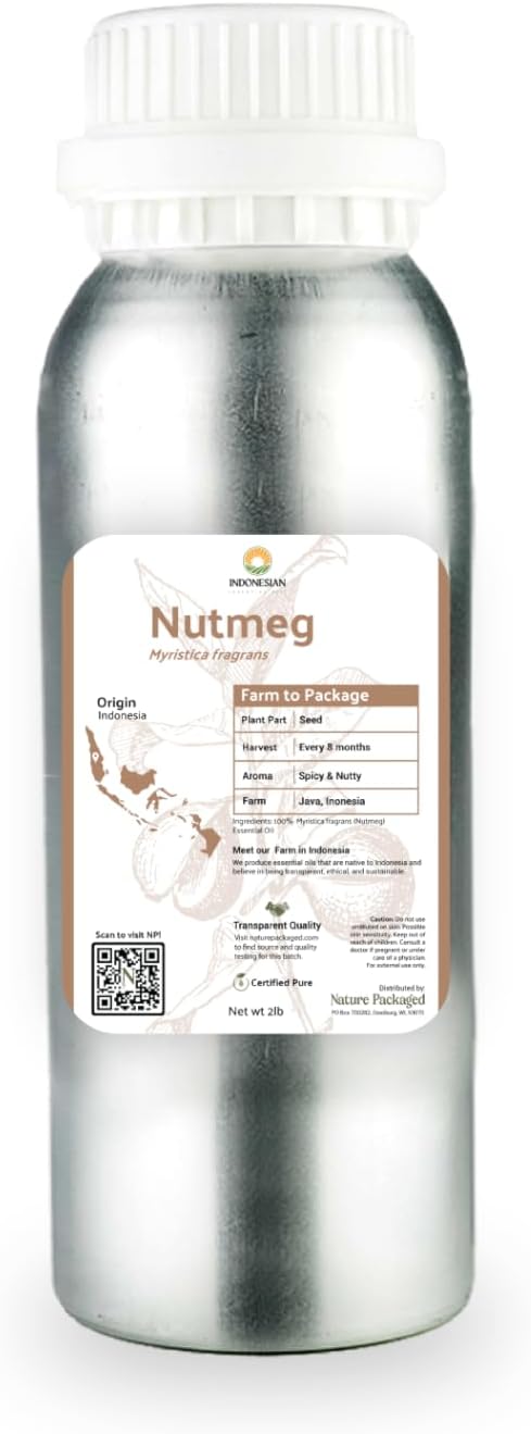 Nature Packaged Nutmeg Essential Oil - Direct from Central Java, Indonesia - Pure Essential Oils for Diffusers, Muscle Relief and Aromatherapy | Premium Therapeutic Grade (2lbs)