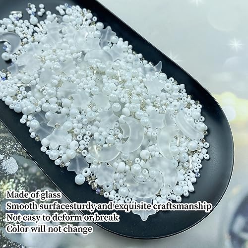 Assorted Glass Beads for Jewelry Making Multi Size Colors Glass Star Moon Seed Pearl Spacer Beads for Bracelets Necklace Earring Making(Frosted White) - Image 3